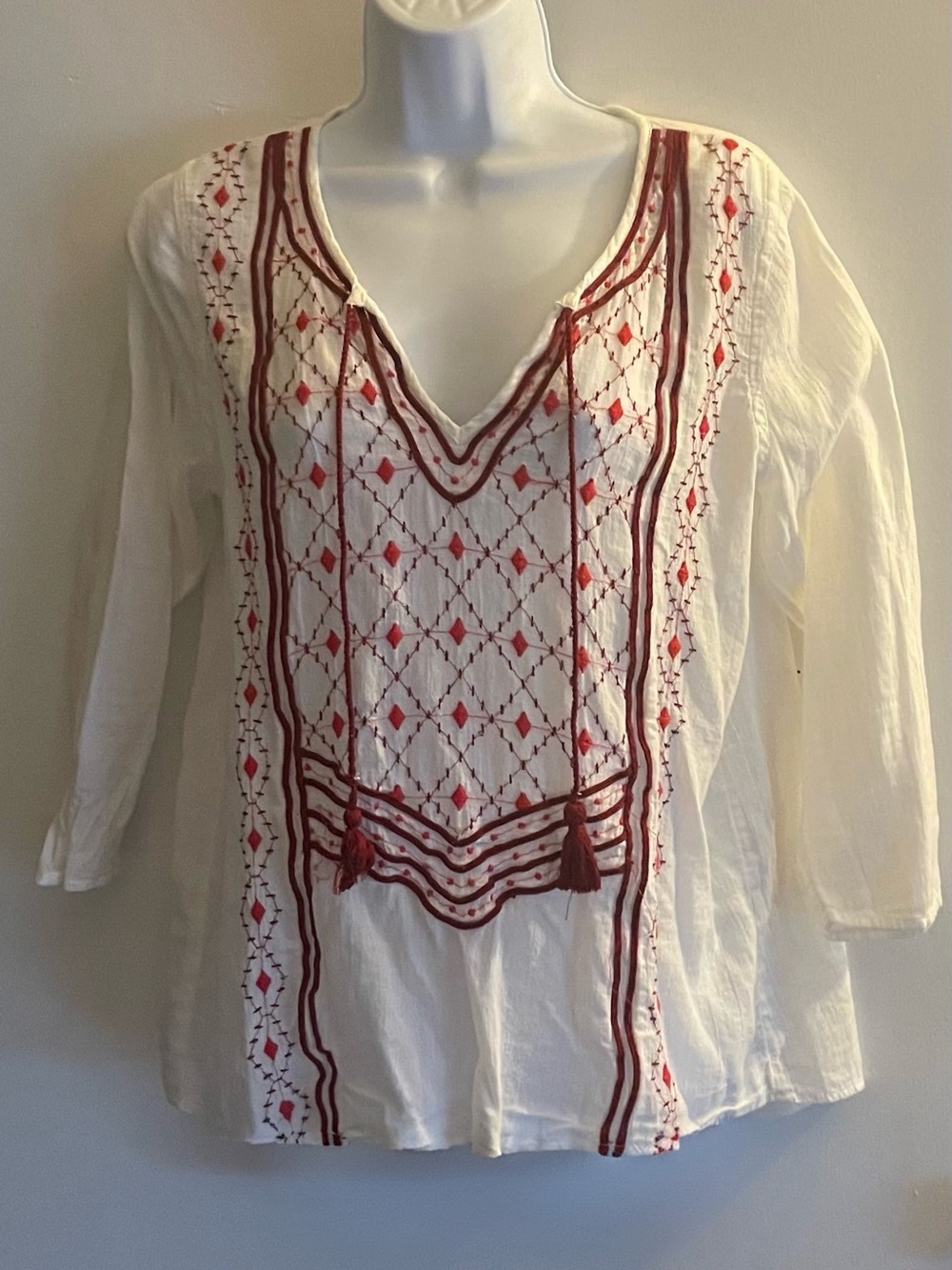Lucky Brand Cream Tunic with Red Embroidered Front